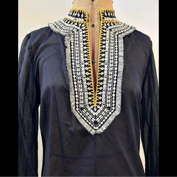 Tory Burch Embroidered Fringe Tunic Top in Navy Size 6 - Picture 4 of 12